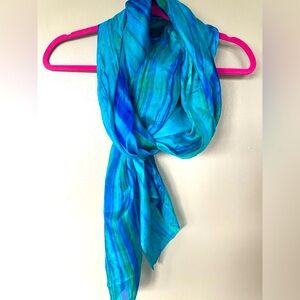 EUC 100% Silk Multi-Toned Crinkle Scarf - Made in Vietnam Long Blue & Green Hues